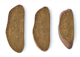 Three slices of brown rye bread isolated on white background.