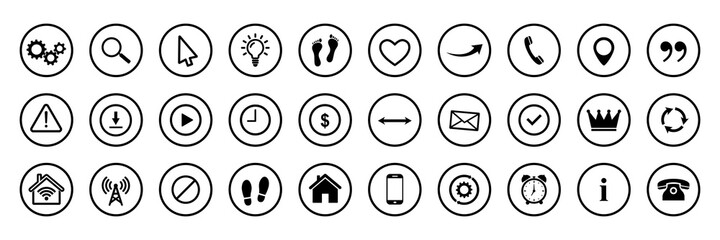 30 icons universal set. Contact, business, idea, arrows, footprints, technology, video, heart, warnings, navigation and various icons. Vector illustration.