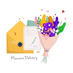 Concept for fast flower delivery with craft paper envelope to the recipient. Online delivery service for landing page. Vector illustration for web with bouquet, parcel, pack