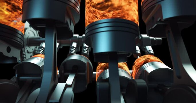 Powerful V8 Engine With Moving Pistons And Crankshaft. Digital Background. Ignition And Explosions. Technology And Industry Related 3D Animation.