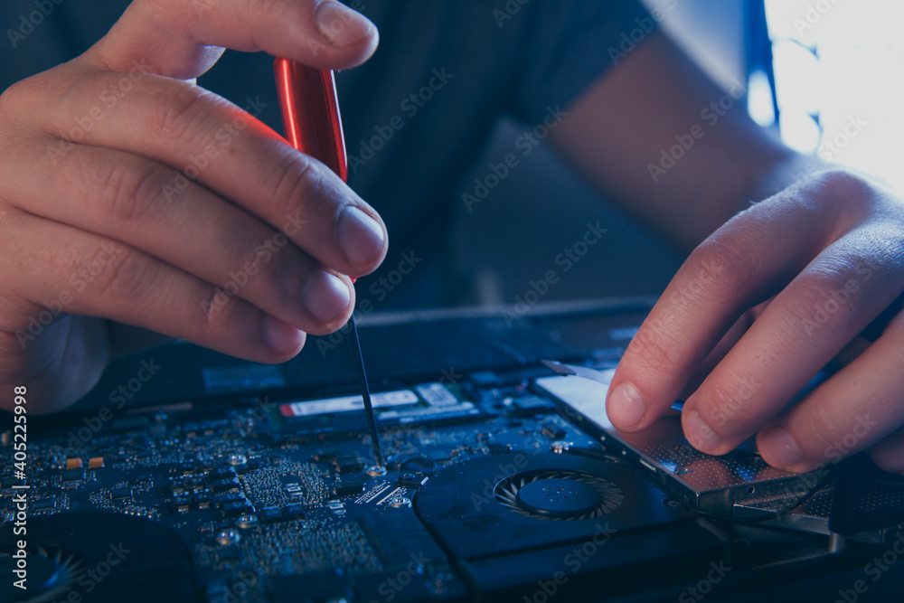 Wall mural computer hardware engineering. technology science concept. developer soldering electronic component