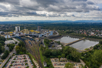 Coal mine in Poland. Mine janina in Libiaz. Industrial  abstract sendimentation tank of mine in Poland. Industrial lake Aerial drone photo view