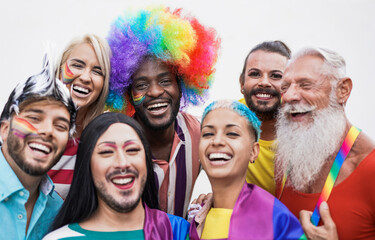 Multiracial people having fun at gay pride parade - Homosexual love and lgbt concept