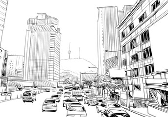 Fototapeta premium Seoul. The Republic of Korea. Hand drawn city sketch. Vector illustration.
