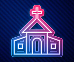 Glowing neon line Church building icon isolated on blue background. Christian Church. Religion of church. Vector.