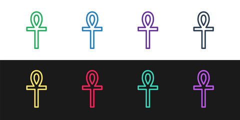 Set line Cross ankh icon isolated on black and white background. Vector.