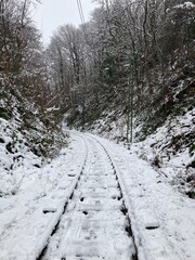 Bahnschienen im Winter mit Schnee Wald 