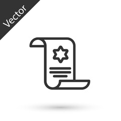 Grey line Torah scroll icon isolated on white background. Jewish Torah in expanded form. Star of David symbol. Old parchment scroll. Vector.