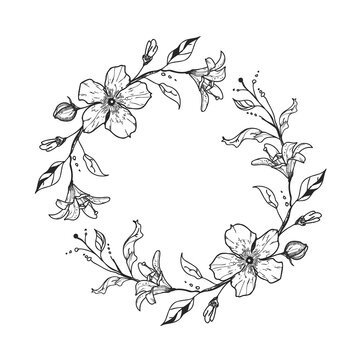 Cute floral wreath with lilies and flowers. Wedding concept. Invitation template.