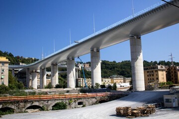 Genoa, Italy, August 10, 2020 new highway viaduct "San Giorgio" bridge built in place of the 
Morandi bridge which collapsed in August 2018