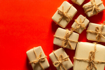 Red festive banner gift box with glittering stars top view Backdrop for birthday, valentine's day, new year and christmas, mother's day and sale. Copy space