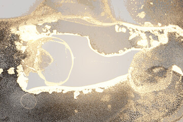 Grey and gold pattern with texture of marble and sparkles. Abstract vector background in alcohol ink technique. Modern paint with glitter. Template for banner, poster design. Fluid art painting