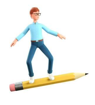 3D illustration of smiling creative man standing on big pencil like skateboarder and flying in air. Cartoon businessman generating ideas, isolated on white.