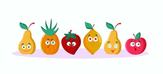 A set of fruits with different characters.