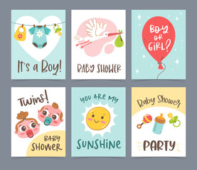 Cute vector hand drawn newborn card collection. Gift cards and invitations. Baby shower celebration concept.
