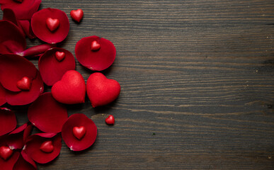 Valentines day background with hearts and rose petals, Flat lay