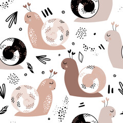 Seamless pattern with cute snails