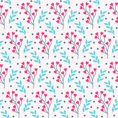 Pattern with flowers in the form of hearts and leaves. Valentines Day. Vector illustration isolated on white background. Drawing for packaging, decoration, scrapbooking, fabric. 