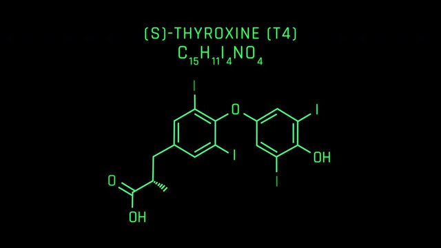 S-thyroxine T4 Molecular Structure Symbol Neon Animation on black background