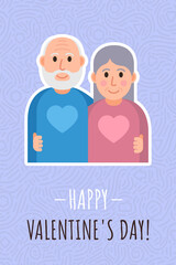 Old, aged man and woman funny couple in love. Card design Valentine's Day. Cartoon style illustration.
