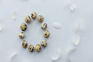 Quail eggs. White background. Top view. Free space. Healthy food concept.