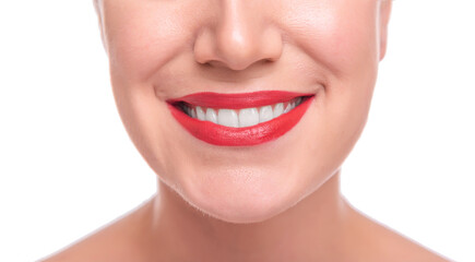 Woman's face with red lipstick on the lips and white teeth, close-up.