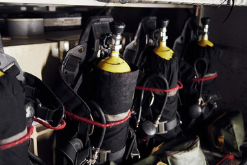 Fototapeta na wymiar Oxygen balloons. Close up view of firefighter's equipment that is inside of the truck
