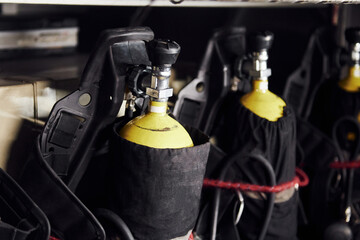 Oxygen balloons. Close up view of firefighter's equipment that is inside of the truck