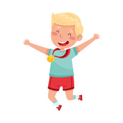 Cute Jumping Boy Winner with Gold Medal Hanging on His Neck Vector Illustration