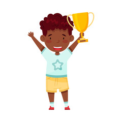 Little African American Boy Holding Gold Cup as Achievement Award Vector Illustration