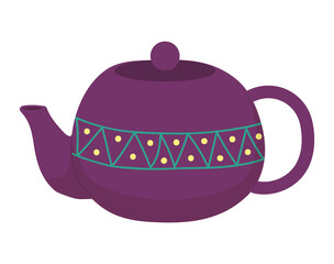 Cup tea purple teapot service icon, concept chinese porcelain green leafy teakettle, flat vector illustration, isolated on white. England time drink brew tea, asian style kettle and infusion.