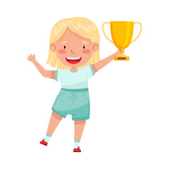 Excited Girl Winner Standing with Gold Cup as Achievement Award Vector Illustration
