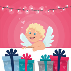 Valentine’s day greeting card with cute cupid and present. Vector illustration in flat style