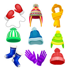 Warm Winter Clothes with Hat, Socks and Scarf Vector Set