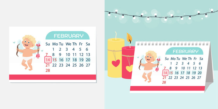 Calendar 2021 to Valentine’s Day holiday in cartoon flat style. Vector design, template