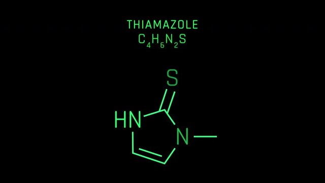 Thiamazole also known as methimazole Molecular Structure Symbol Neon Animation on black background
