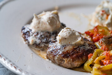 Balkan Cevapcici Kofta Kofte Kebab with Buttercream. Close up Macro View.