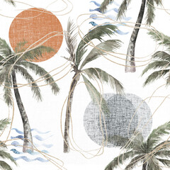 Abstract watercolor seamless pattern. Summer tropical palm trees, golden elements and sun on white background. Jungle watercolour print