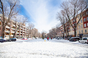 Calles de Madrid cubiertas de nieve por el temporal Filomena. 