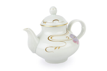 Ceramic teapot with ornament in classic style isolated on white .