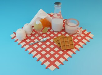 cartoon style food illustration. Breakfast items: egg on stand, milk bottle, glass cup with milk, salt and pepper shakers, napkin holder, little teaspoon and waffles on tablecloth. 3d render.