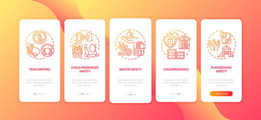Naklejka premium Safety environment for children onboarding mobile app page screen with concepts. Kid trauma prevention walkthrough 5 steps graphic instructions. UI vector template with RGB color illustrations