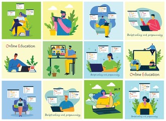 Webinar online concept illustration. Young man uses video chat on desktop and laptop to make conference.