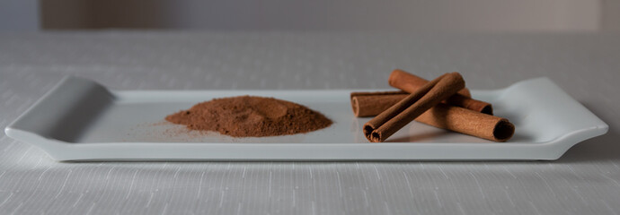 Quill and ground cinnamon in the white plate