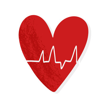 Textured red heart with cardiogram of heartbeat and shadow. Vector isolated illustration.