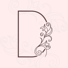 Elegant letter D. Thin line. Vintage pattern with flowers. Calligraphic Logo. Floral Drawn Emblem for Book Design, Brand Name, Business Card, Jewelry, Restaurant, Boutique. Vector illustration