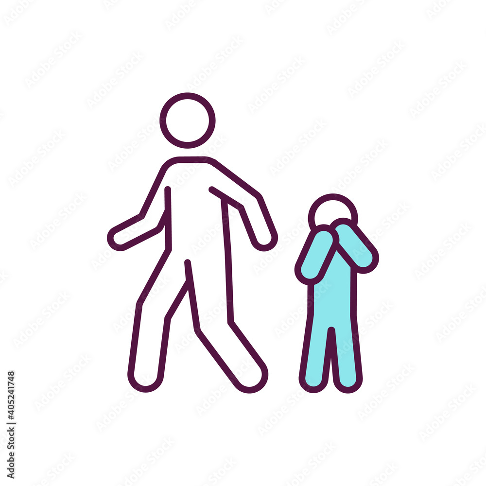 Wall mural Child neglect RGB color icon. Avoidant parent. Poor family. Upset kid. Sad children. Irresponsible adult. Child maltreatment. Domestic abuse. Father, mother ignore son. Isolated vector illustration