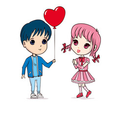 Boys give a cute girl a balloon heart. Valentine's Day.