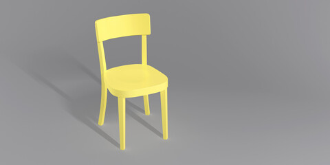 Yellow wooden chair on a gray background. Trendy colors of the year 2021. Illuminating and Ultimate gray. Creative minimalistic layout with a single piece of furniture. Fashionable yellow armchair