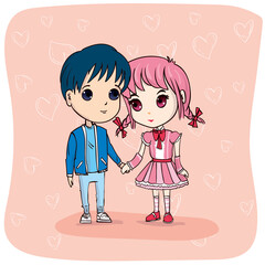 Boy and girl hold hands. Valentine's Day.